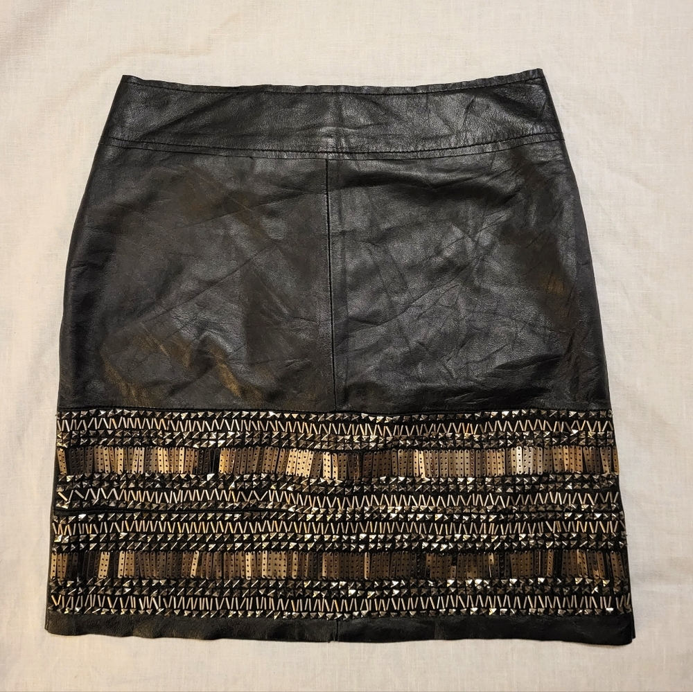 Danier Black Leather Mini Skirt, NWT, Vintage, Bronze Metal Beaded Boarder 1990s